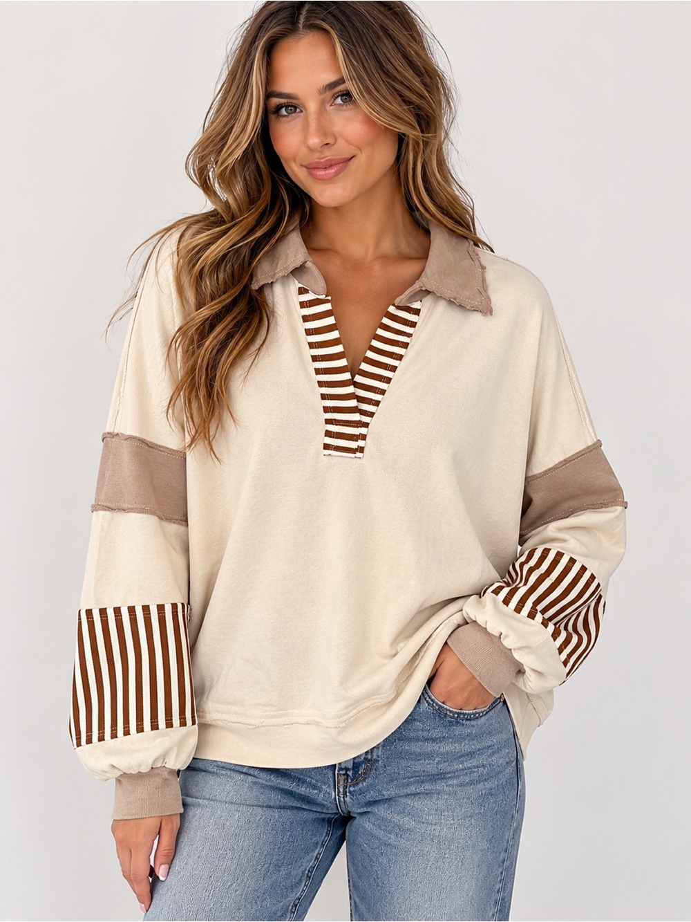 JODIFL Cream Pullover with Brown Striped Accents